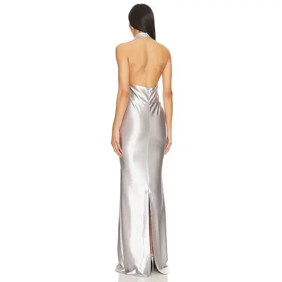 Retrofete Charity Gown Maxi Halter Party Formal Gala Prom Classy Guest Silver S